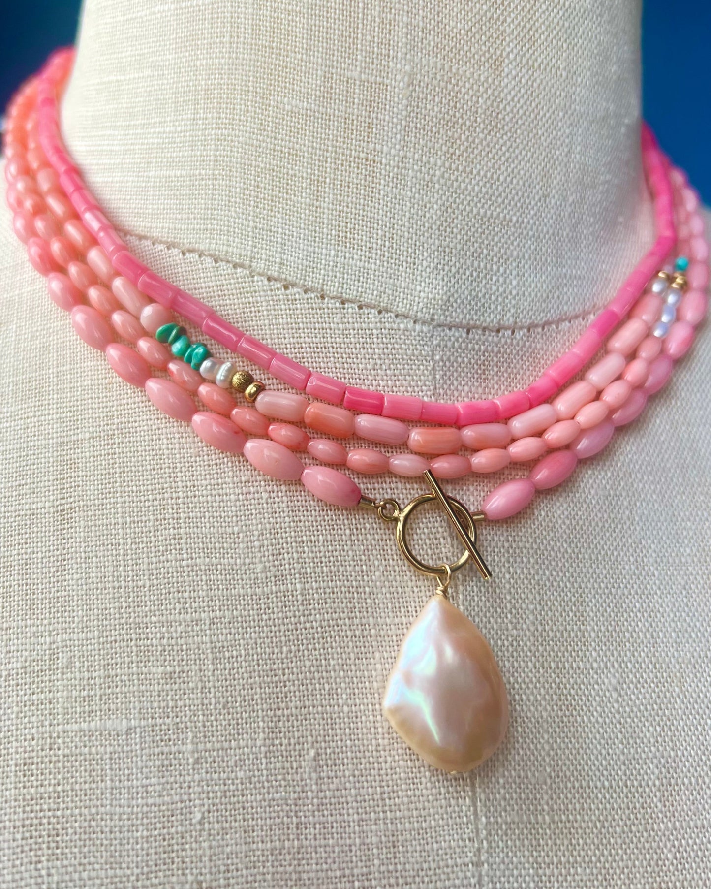 coral, turquoise & pearl choker