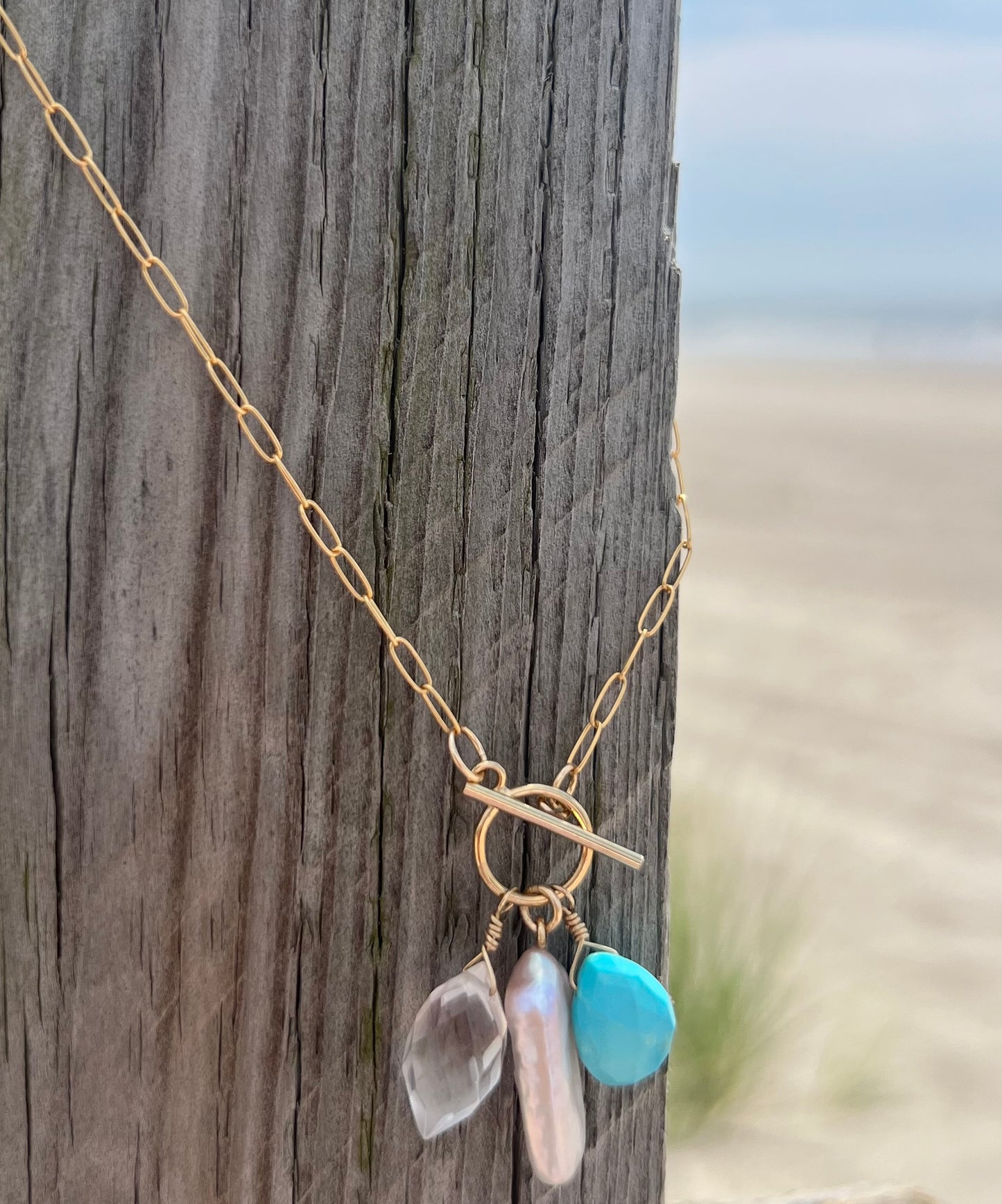 trio pendant - turquoise, crystal quartz & coin pearl