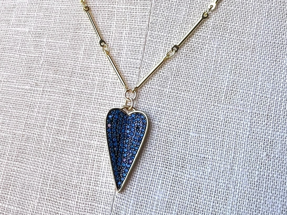gold heart with dark blue pavè rhinestones