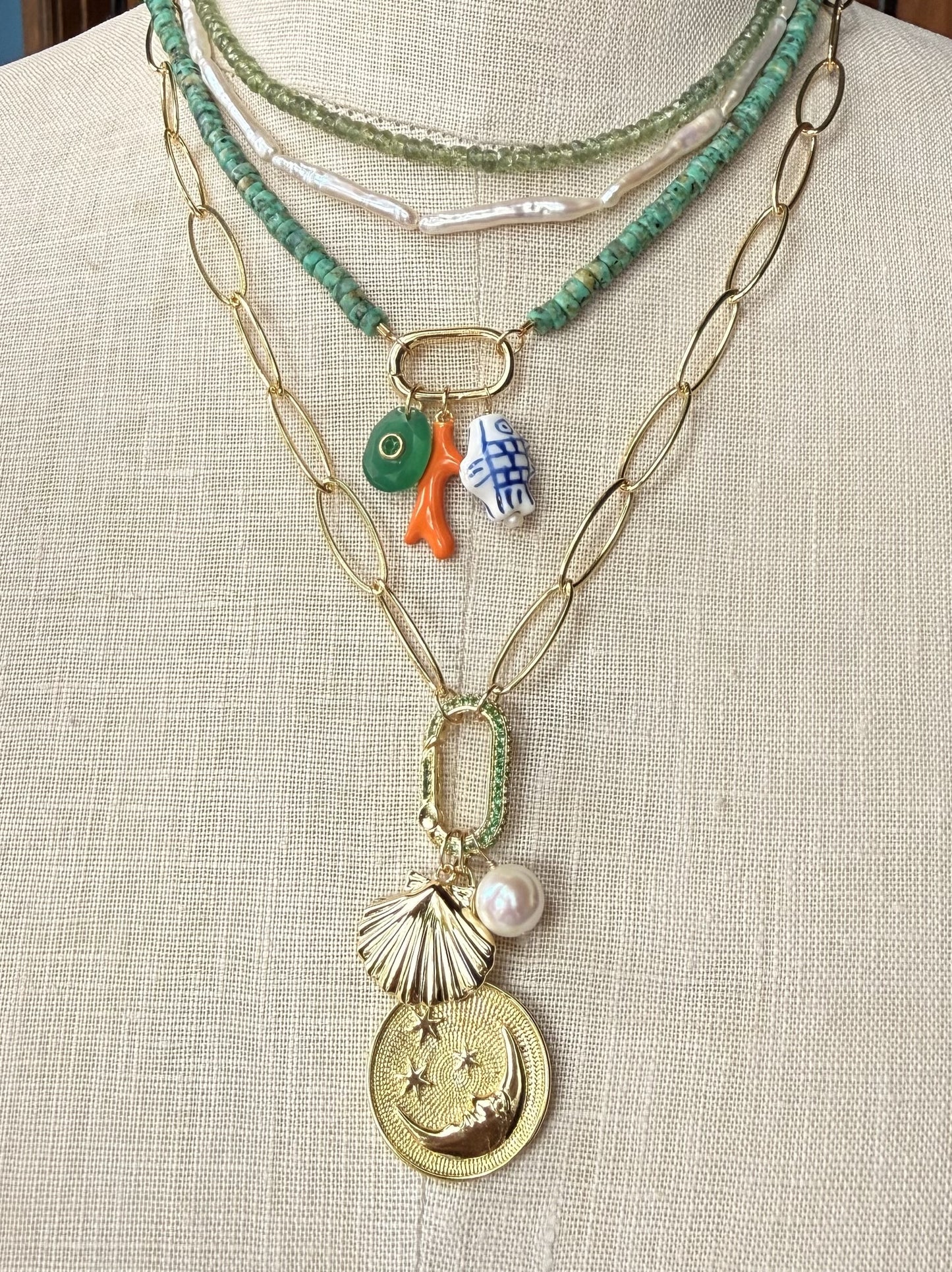 Charm Necklace with Moon and Stars charm, scallop shell and pearl
