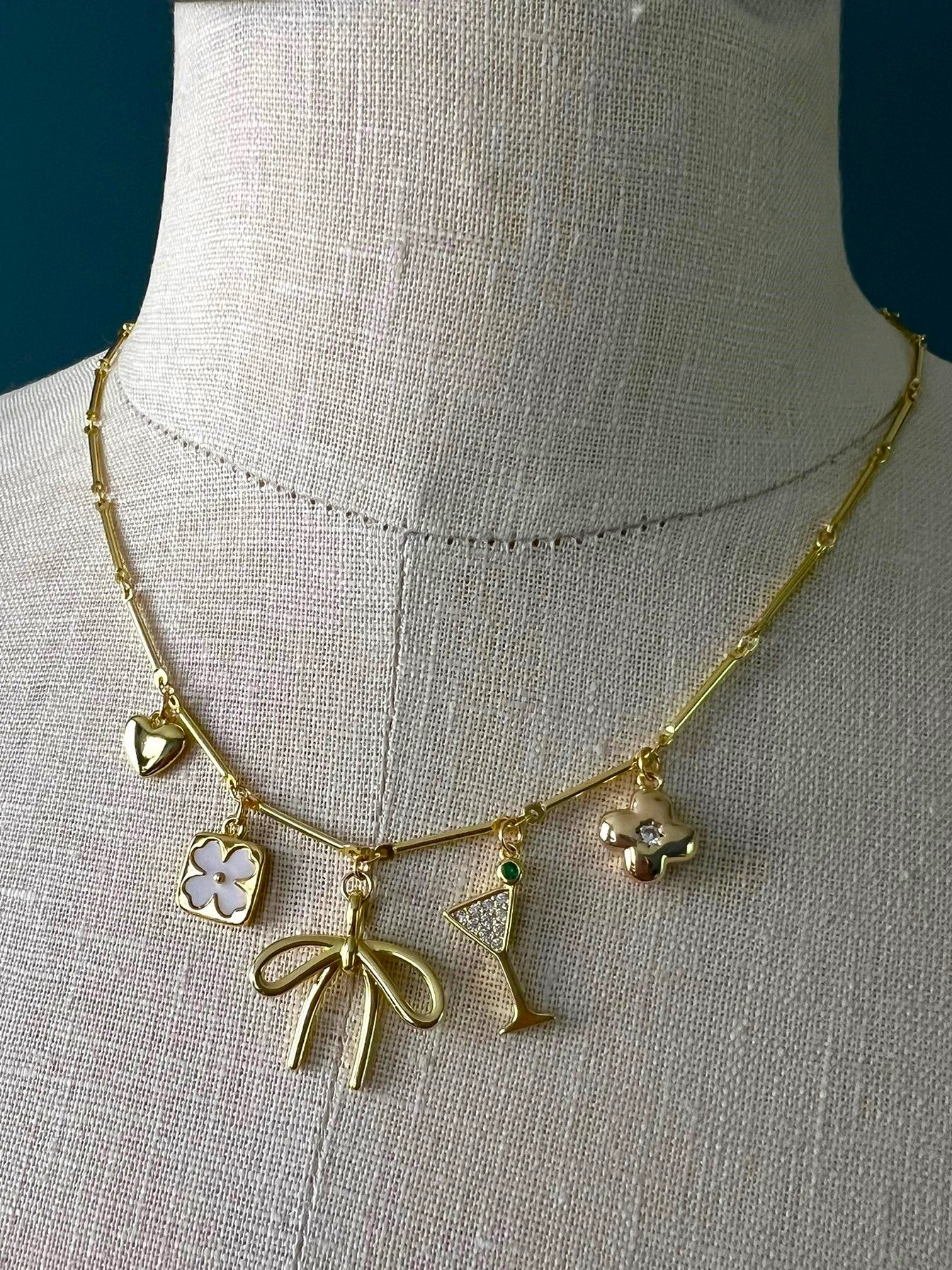 charm necklace - heart, flower, bow, martini, clover