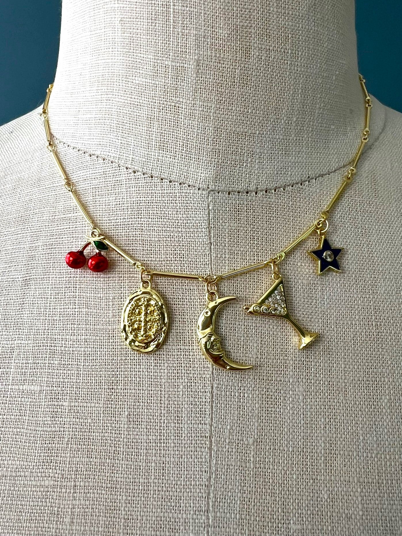 charm necklace - cherries, medallion, crescent moon, cocktail, star