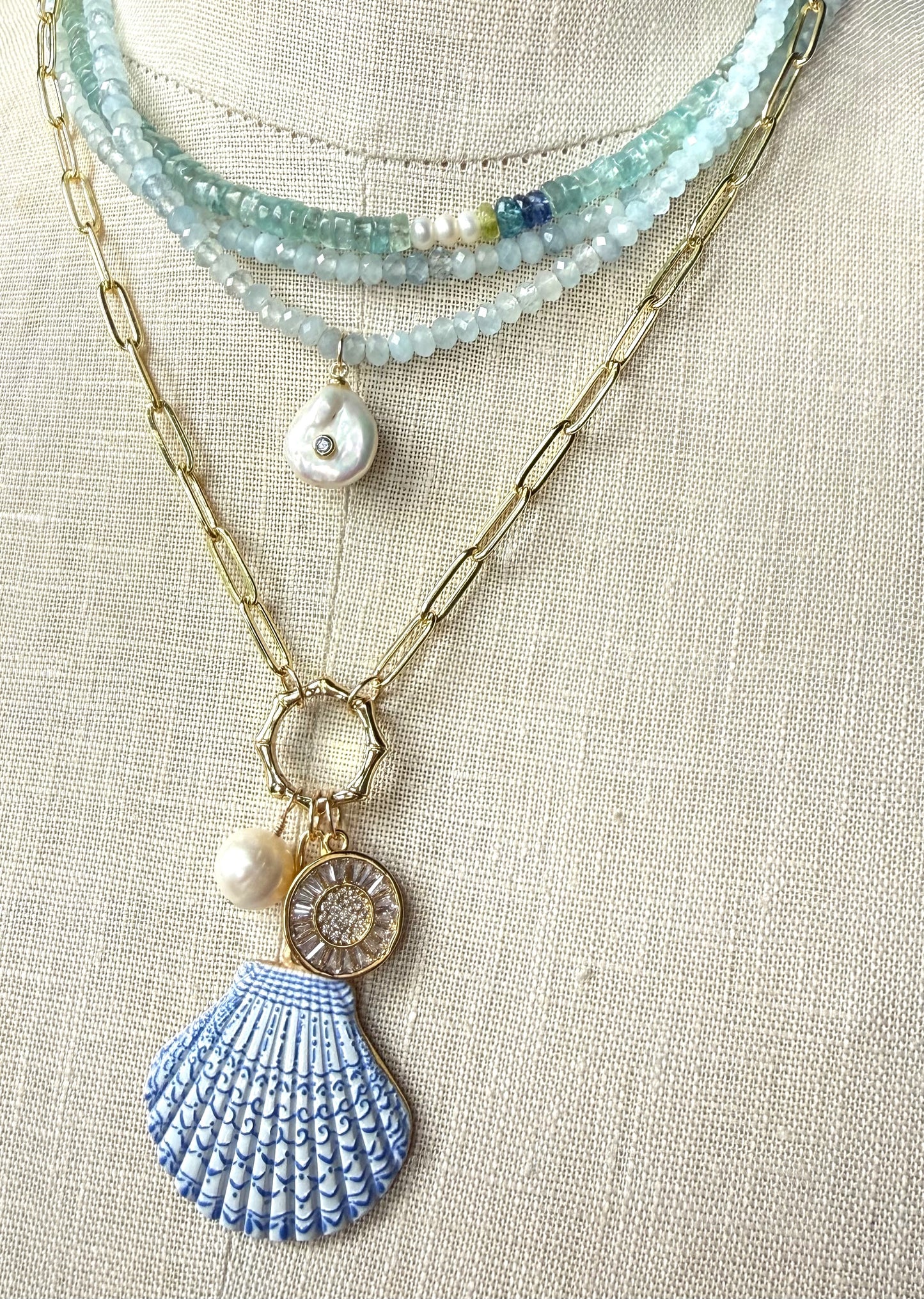 Charm Necklace - Blue & White enamel Scallop Shell, rhinestone charm and freshwater pearl