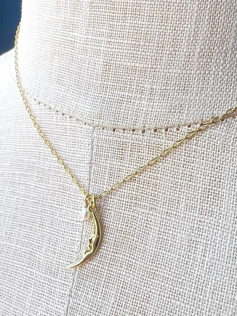 gold crescent moon and pearl necklace