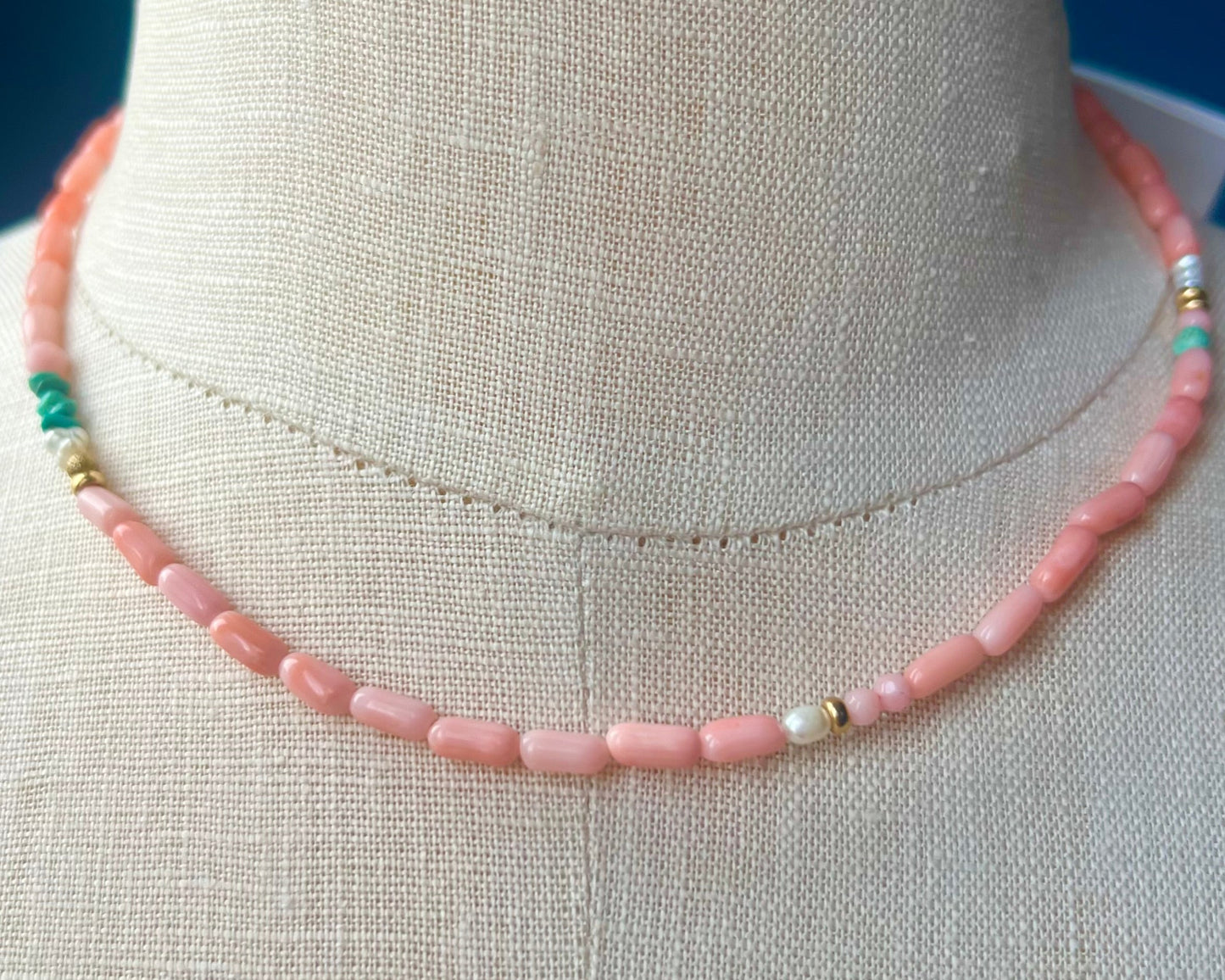 coral, turquoise & pearl choker