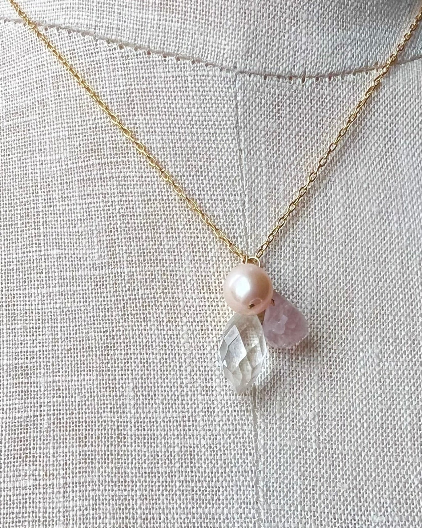 trio pendant -  rose quartz, freshwater pearl & crystal quartz
