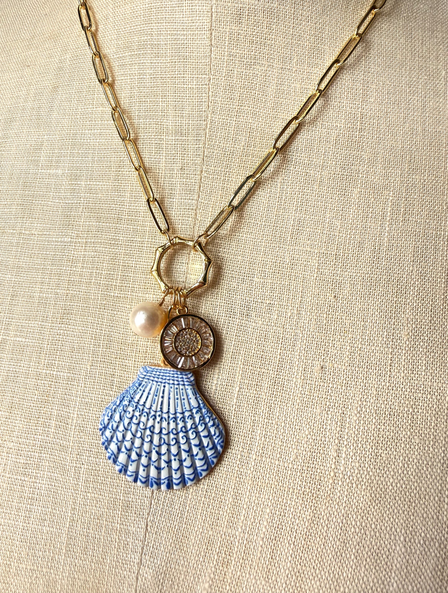 Charm Necklace - Blue & White enamel Scallop Shell, rhinestone charm and freshwater pearl