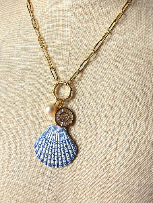 Charm Necklace - Blue & White enamel Scallop Shell, rhinestone charm and freshwater pearl