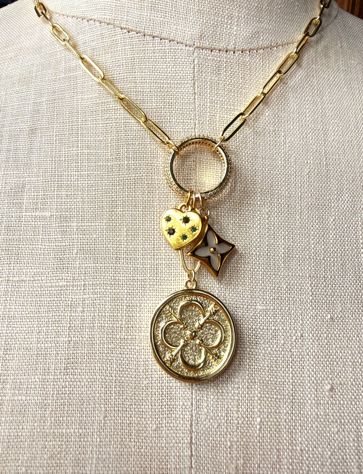Charm Necklace with Love pendant, Clover and Rhinestone Heart