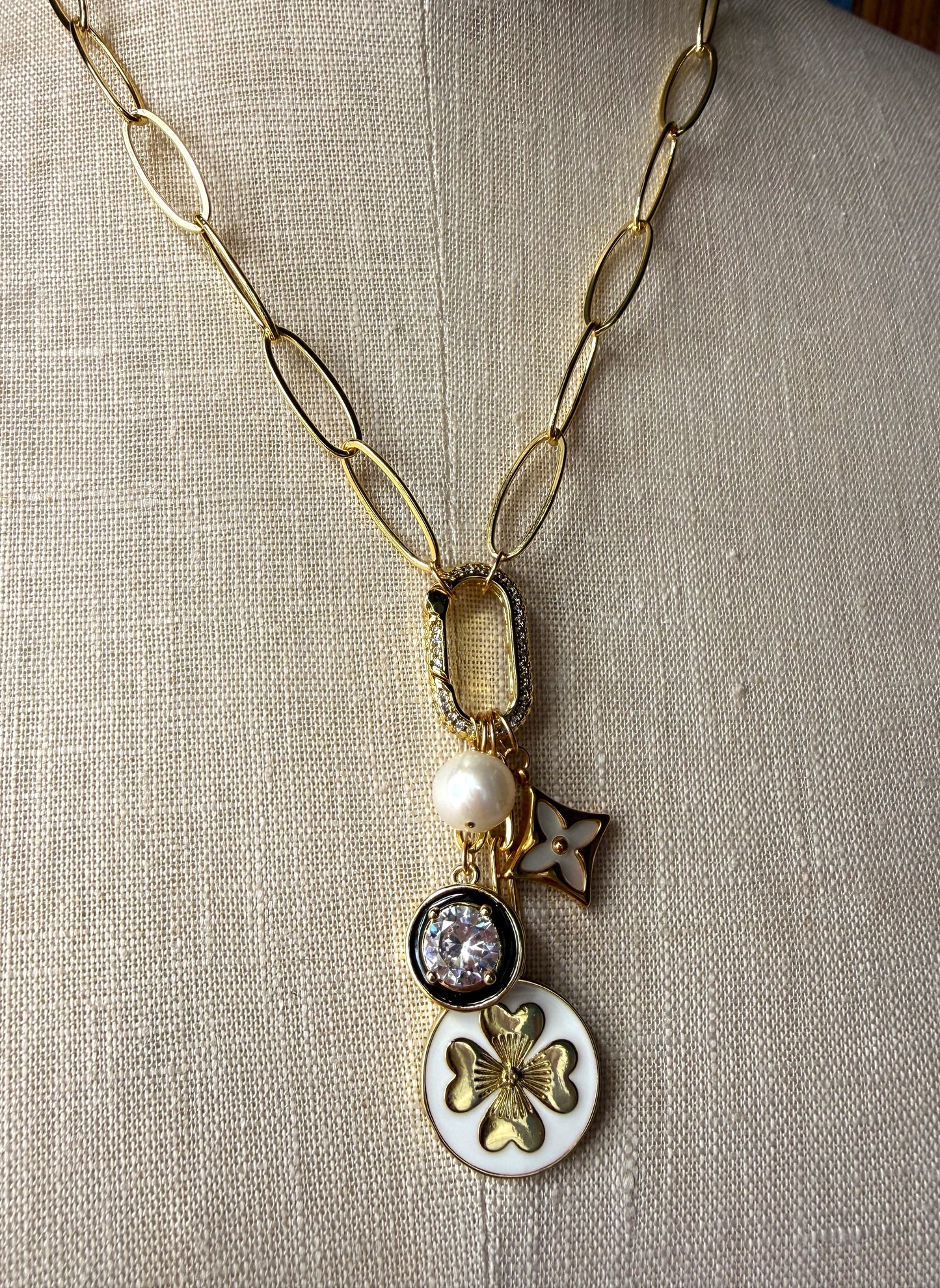 Charm Necklace - White Enamel Clover, Rhinestone, Mother of Pearl Clover and freshwater pearl