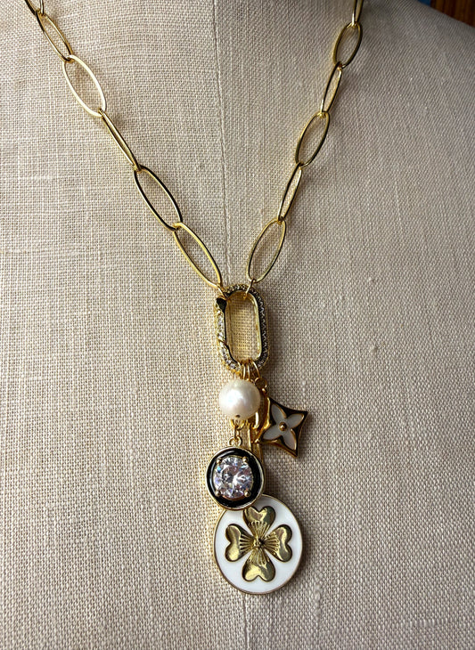 Charm Necklace - White Enamel Clover, Rhinestone, Mother of Pearl Clover and freshwater pearl