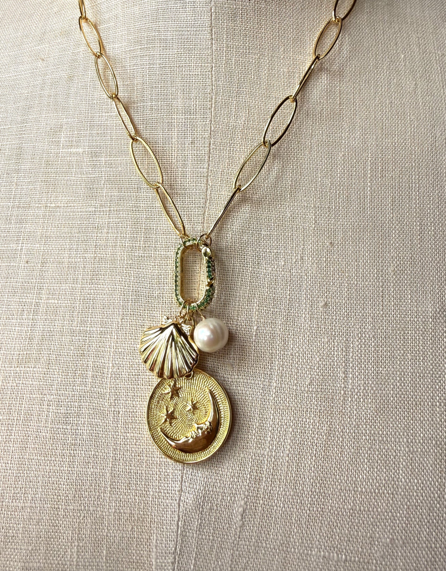 Charm Necklace with Moon and Stars charm, scallop shell and pearl