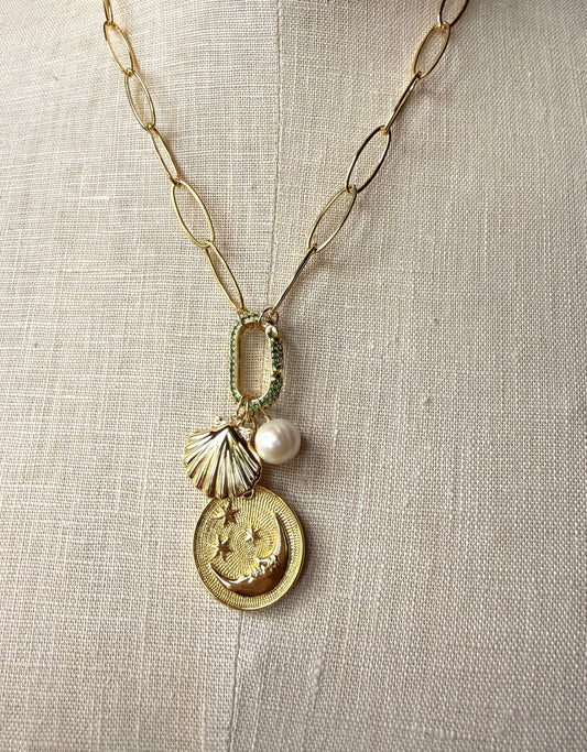 Charm Necklace with Moon and Stars charm, scallop shell and pearl